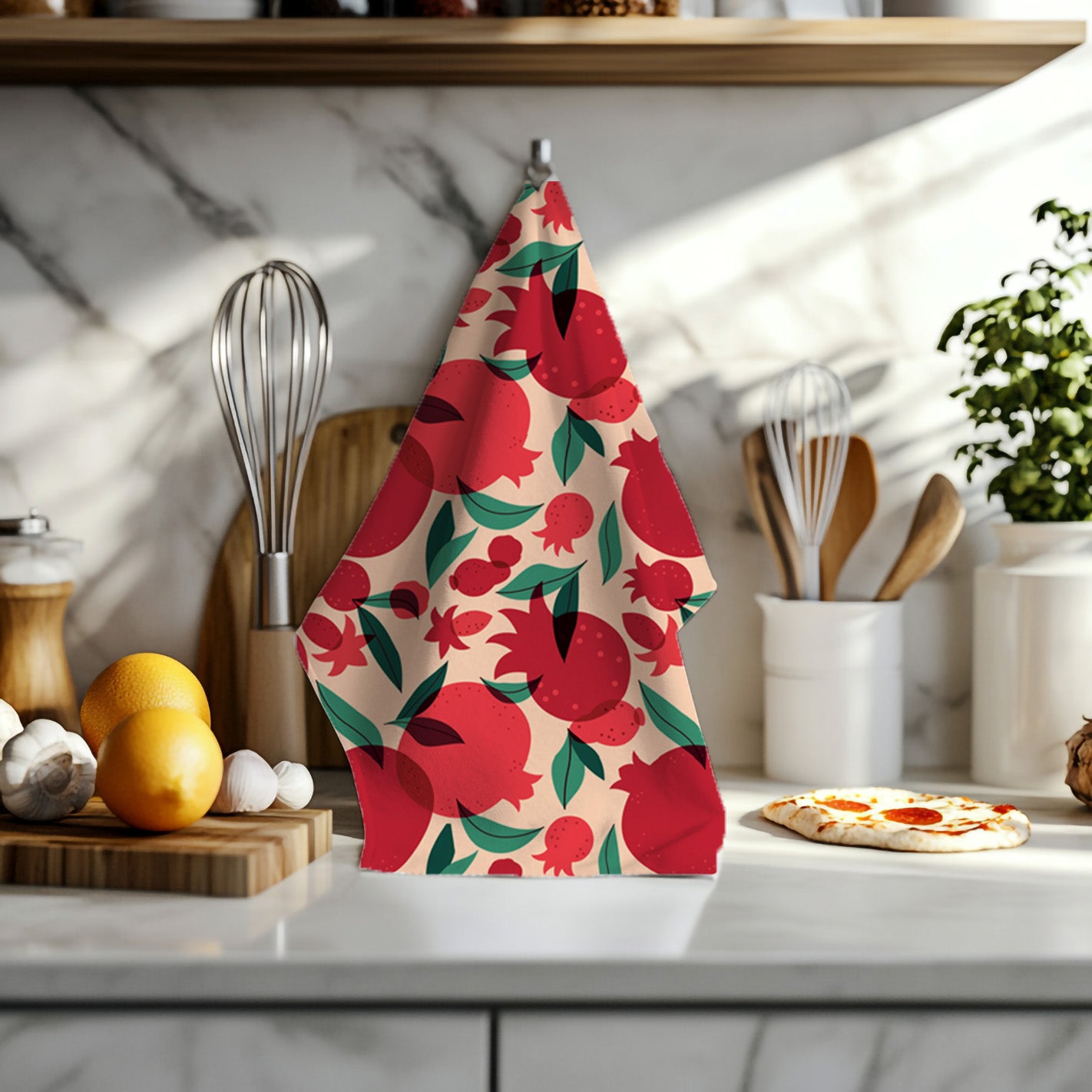 Decorative That’s Amore pomegranate tea towel with colorful fruit pattern in a rustic Italian kitchen setting