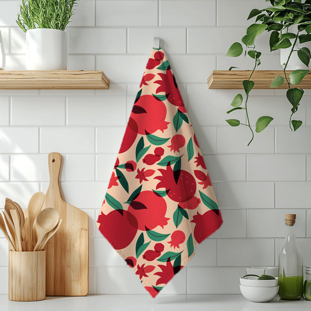 That’s Amore pomegranate kitchen towel hanging against a white tiled wall with minimal kitchen decor