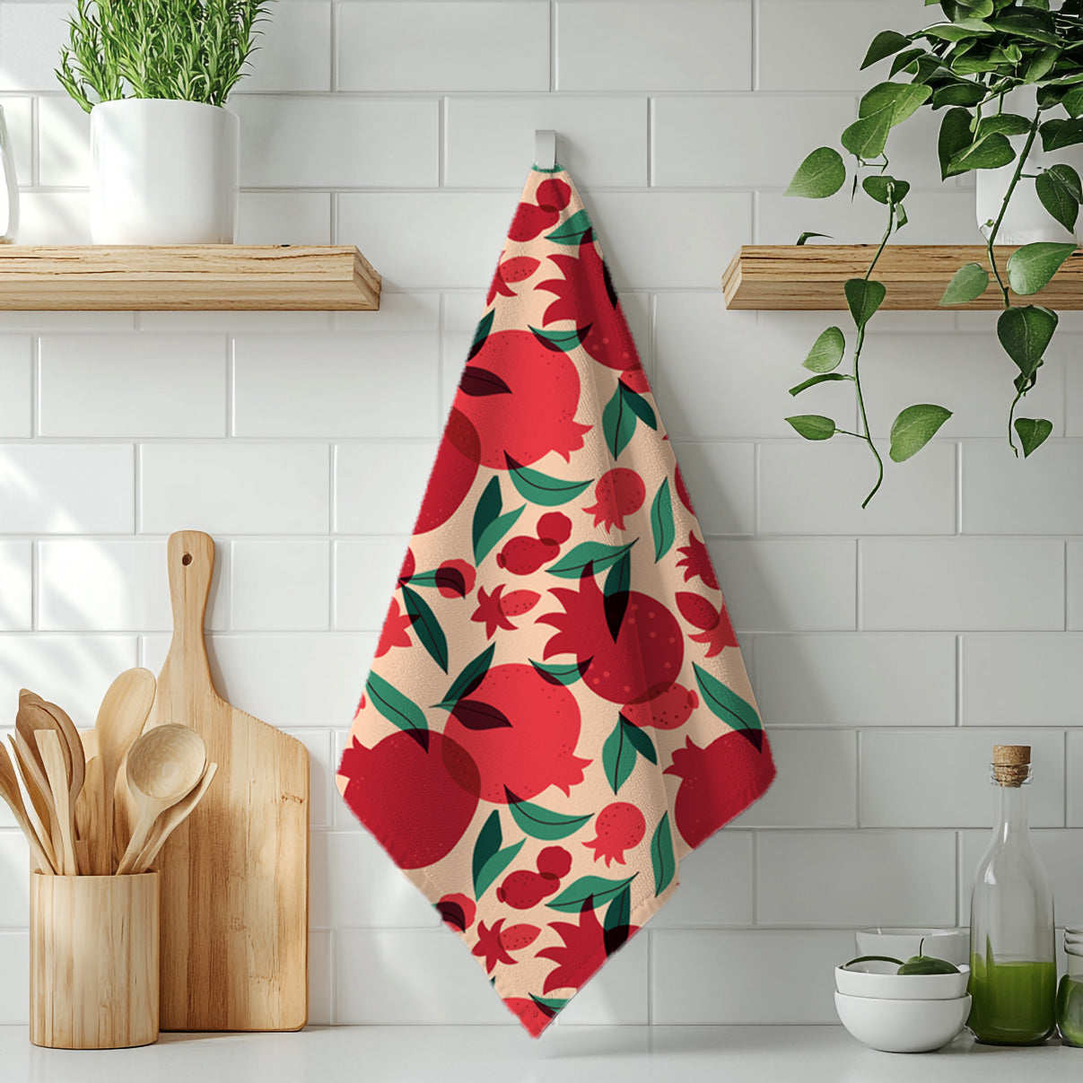 That’s Amore pomegranate kitchen towel hanging against a white tiled wall with minimal kitchen decor