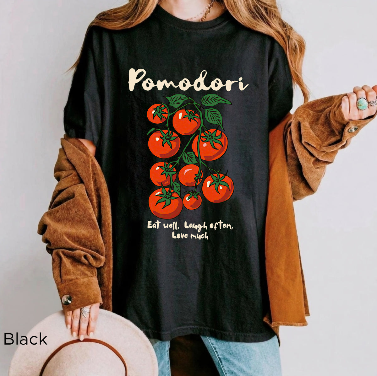 Italian tomato graphic t-shirt styled for a farmers market, summer vacation, brunch, or Mediterranean-inspired casual outfit
