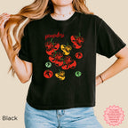 Front view of colorful tomato graphic women’s boxy t-shirt styled for Tomato Girl Summer aesthetic