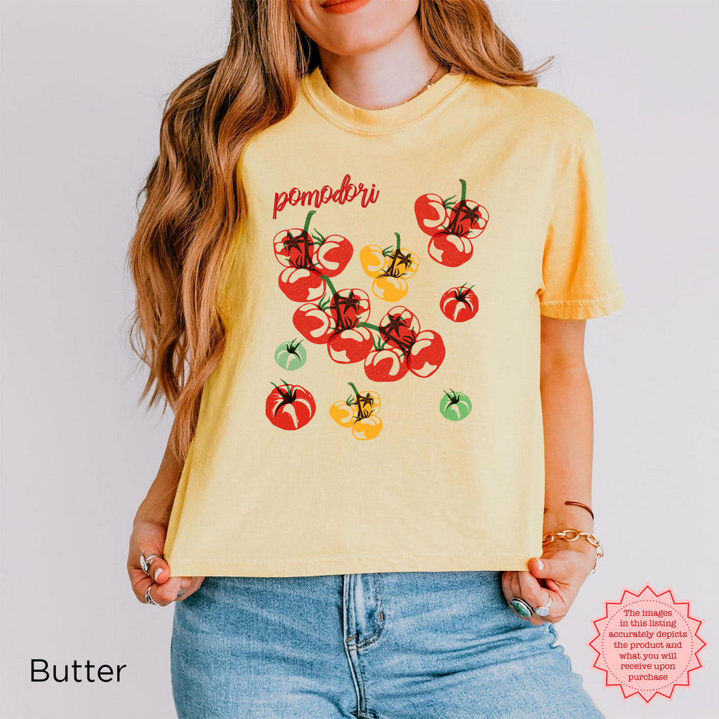 Close-up detail of DTG printed block art tomato design on soft breathable cotton Comfort Colors tee