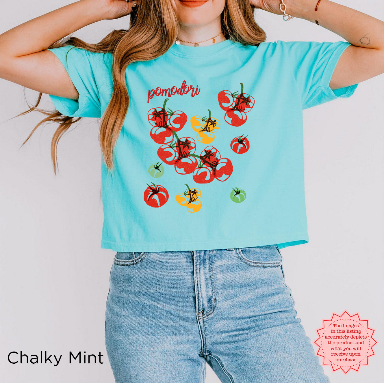 Women’s relaxed boxy graphic tee featuring playful Mediterranean inspired tomato artwork and casual summer style