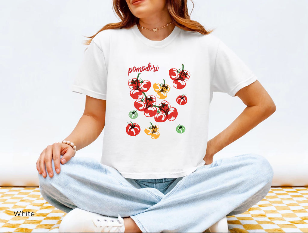 Pomodori Colorful Block Art Tomatoes Women’s Boxy Tee printed on Comfort Colors 3023CL featuring vibrant tomato graphic artwork
