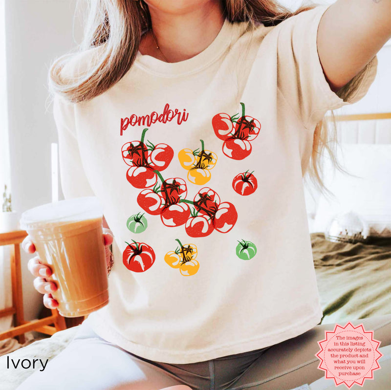 Pomodori tomato print shirt paired with coastal aesthetic outfit and effortless European summer fashion