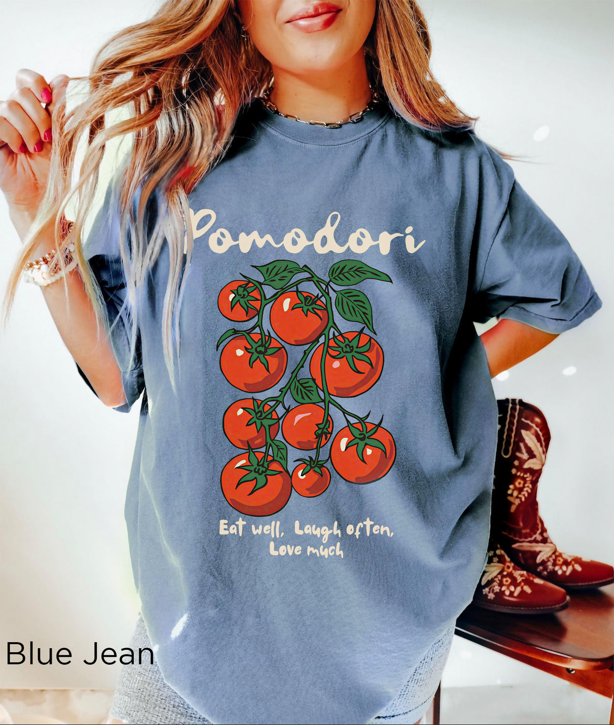 Comfort Colors 1717 Pomodori graphic tee featuring vintage-inspired tomato artwork and Eat Well Laugh Often Love Much phrase