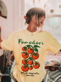 Pomodori Italian tomato graphic shirt on Comfort Colors 1717 tee featuring colorful tomato vine artwork and Eat Well Laugh Often Love Much design