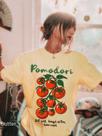 Pomodori Italian tomato graphic shirt on Comfort Colors 1717 tee featuring colorful tomato vine artwork and Eat Well Laugh Often Love Much design