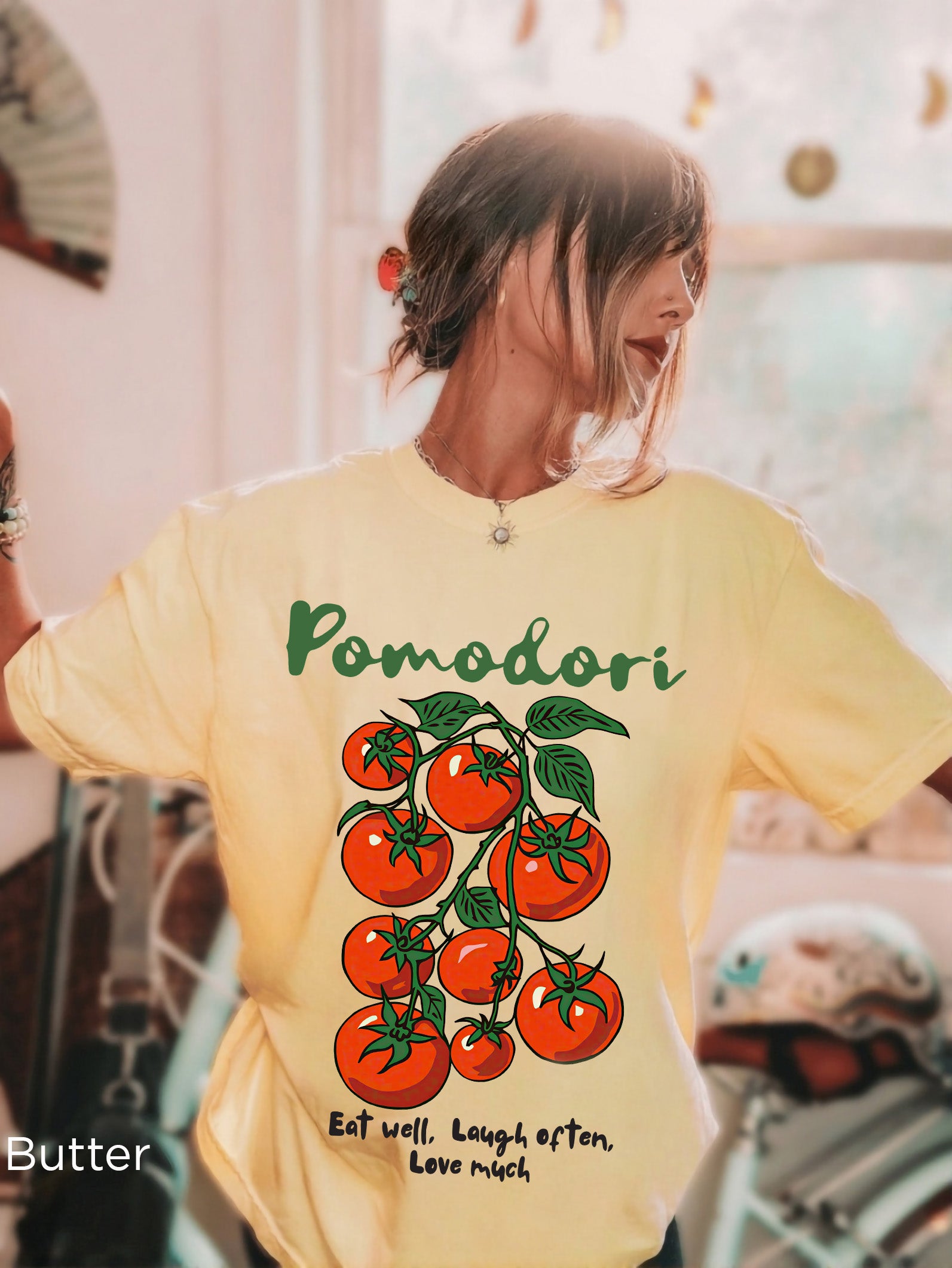 Pomodori Italian tomato graphic shirt on Comfort Colors 1717 tee featuring colorful tomato vine artwork and Eat Well Laugh Often Love Much design