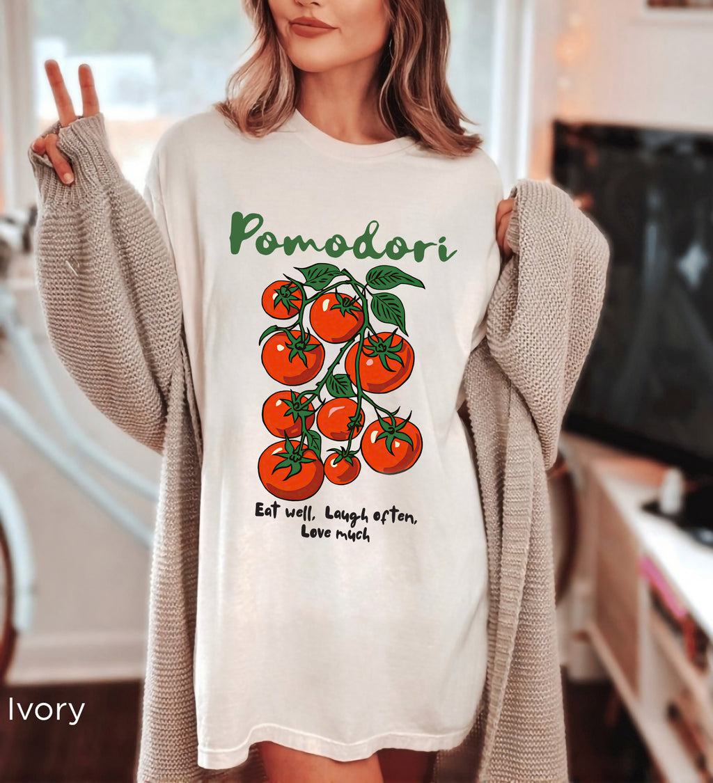 Women's Pomodori tomato graphic tee styled with denim for a relaxed Tomato Girl Summer look and everyday casual outfit