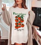 Women's Pomodori tomato graphic tee styled with denim for a relaxed Tomato Girl Summer look and everyday casual outfit