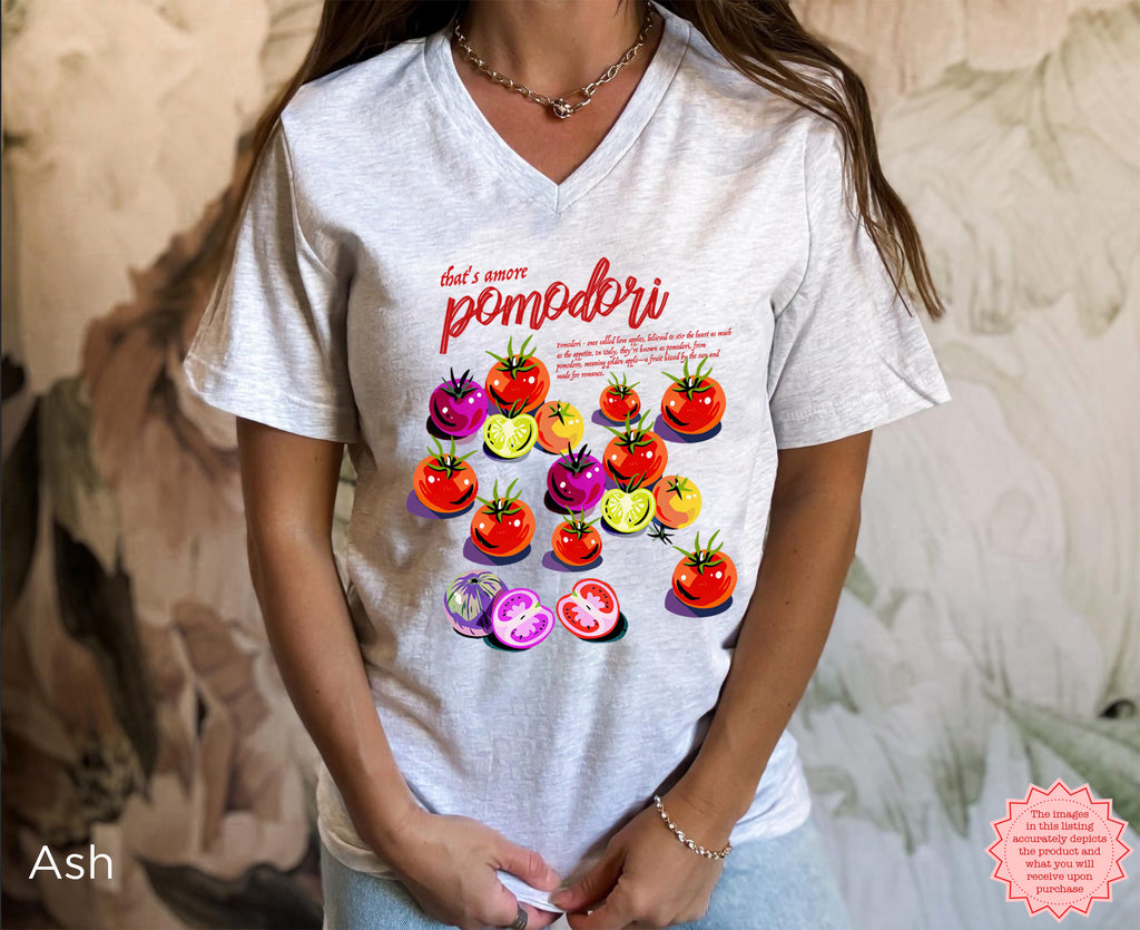Front view of Pomodori Italian Tomato V-Neck graphic t-shirt styled as a casual Tomato Girl Summer outfit