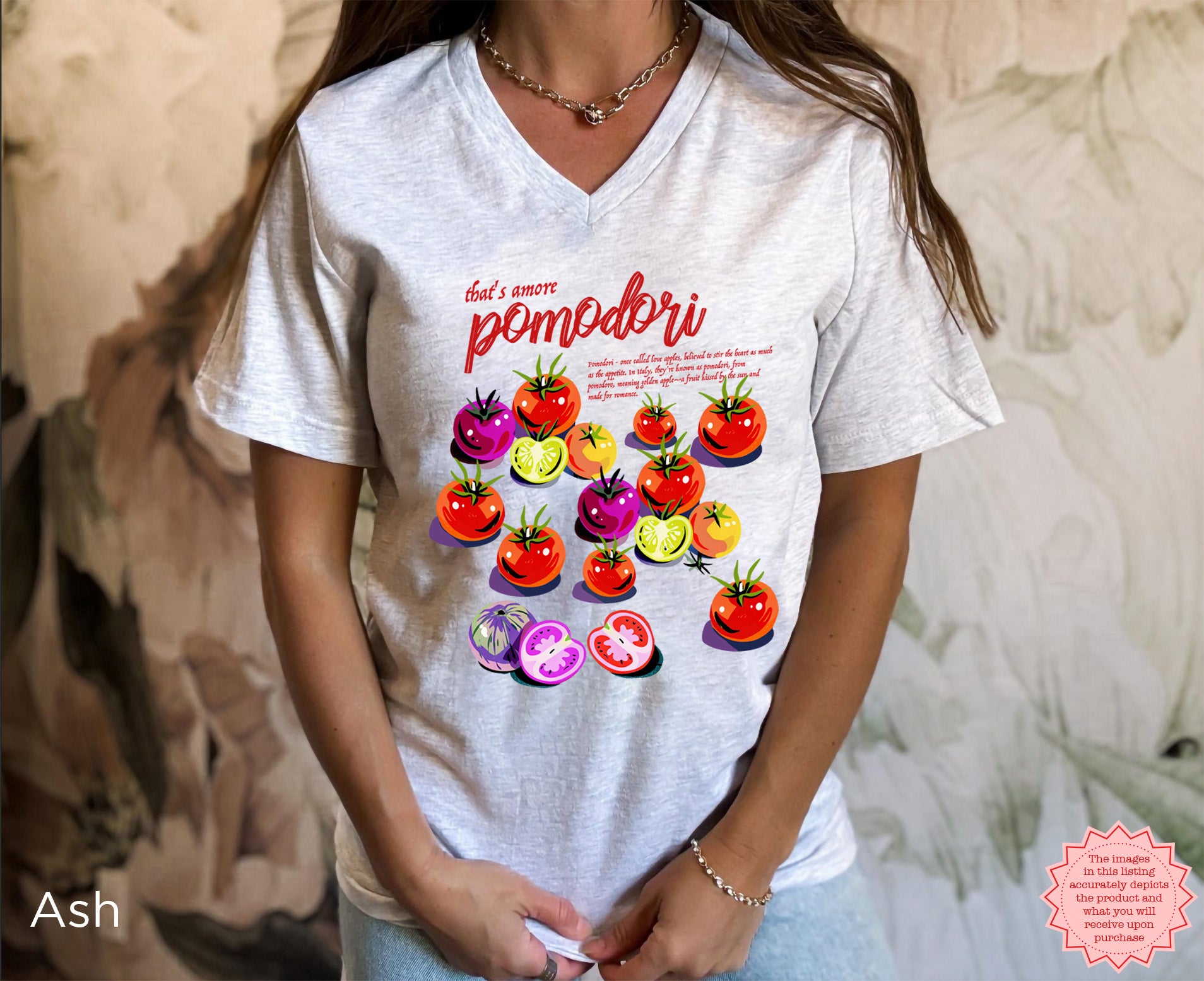 Front view of Pomodori Italian Tomato V-Neck graphic t-shirt styled as a casual Tomato Girl Summer outfit