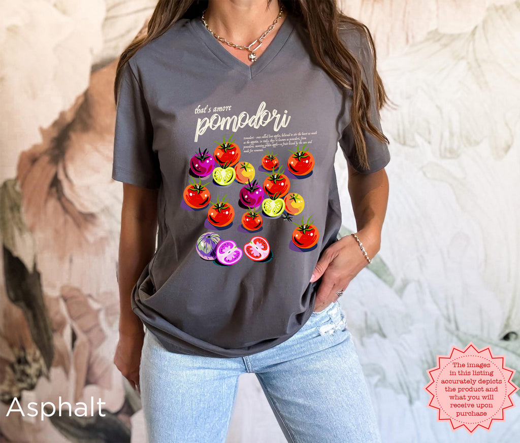 Pomodoro themed V-neck shirt paired with summer outfit for coastal Italian aesthetic style
