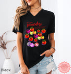Close-up detail of DTG printed tomato artwork on soft Bella+Canvas 3005 V-neck t-shirt