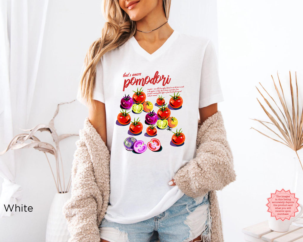 Pomodori Italian Tomato V-Neck Shirt printed on Bella+Canvas 3005 unisex jersey tee featuring vintage Italian tomato graphic design