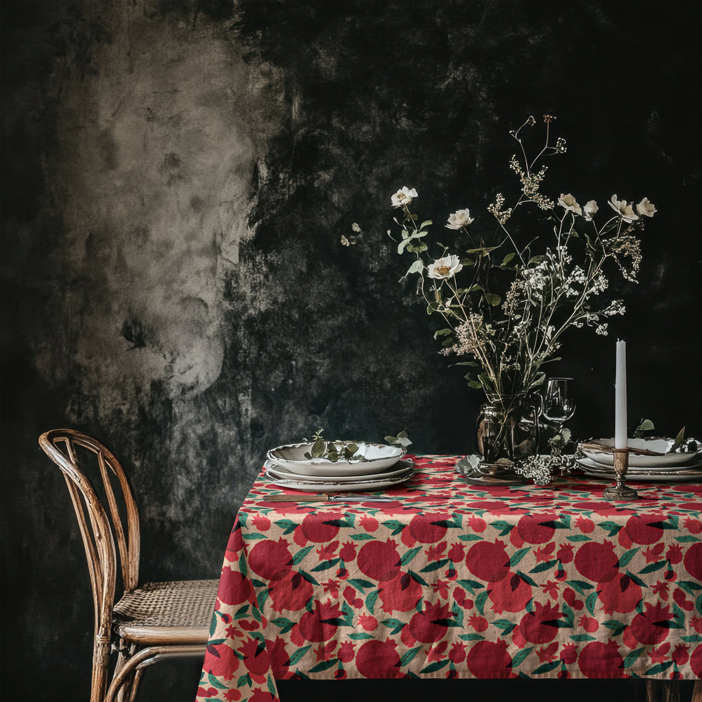 Mediterranean pomegranate tablecloth styled on a dining table in a dark moody interior with rustic chairs and ceramic tableware