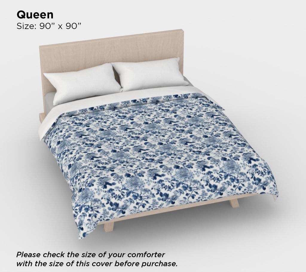 Blue Toile Floral Duvet Cover – Luxury Cotton Sateen Bedding