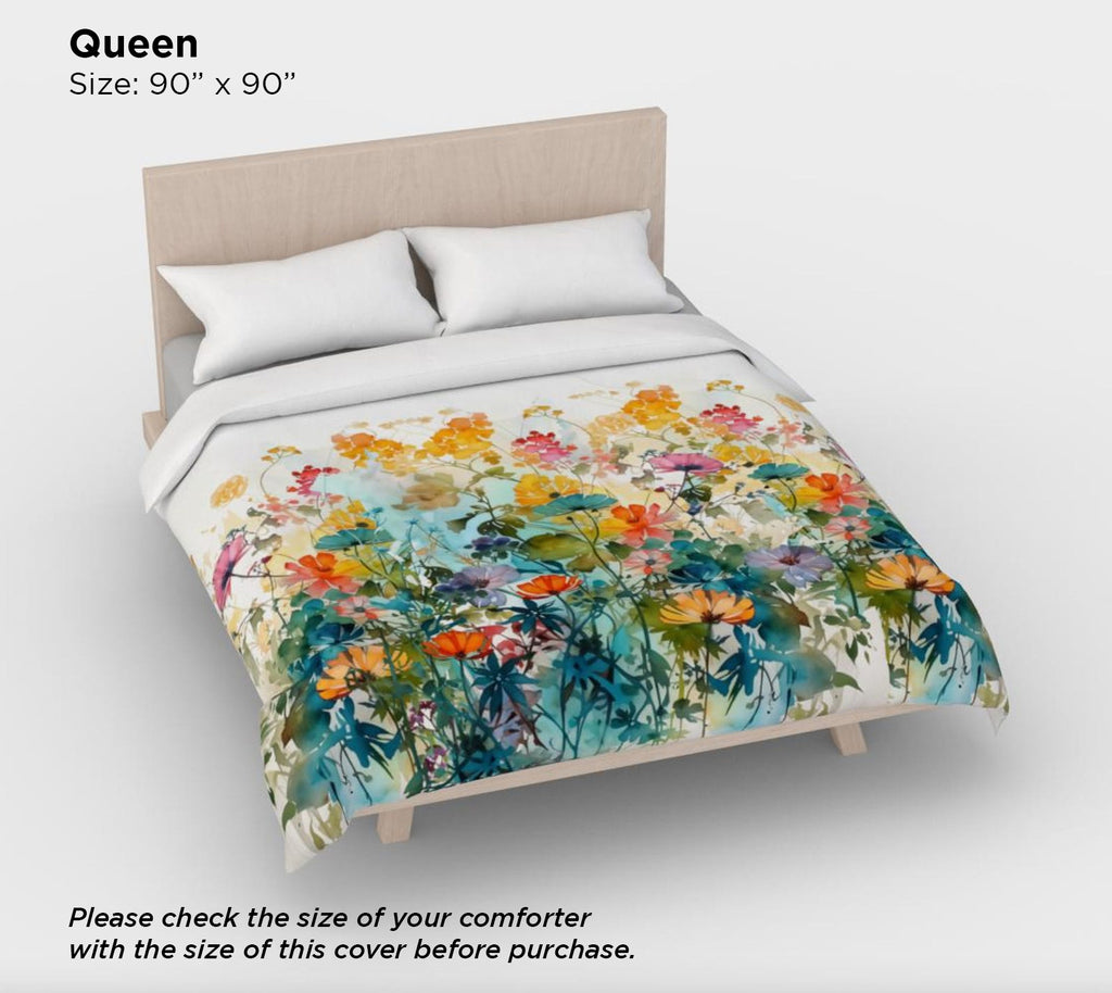 Vibrant Watercolor Wildflowers Cotton Sateen Duvet Cover – Spring Floral Bedding for King, Queen, & Twin Sizes