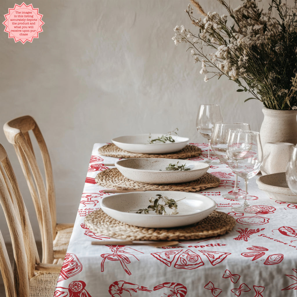 Hand-Drawn Red Italian Food Tablecloth, Summer Dining Decor, Italian Cuisine-Inspired Table Linen, Perfect for Summer Meals