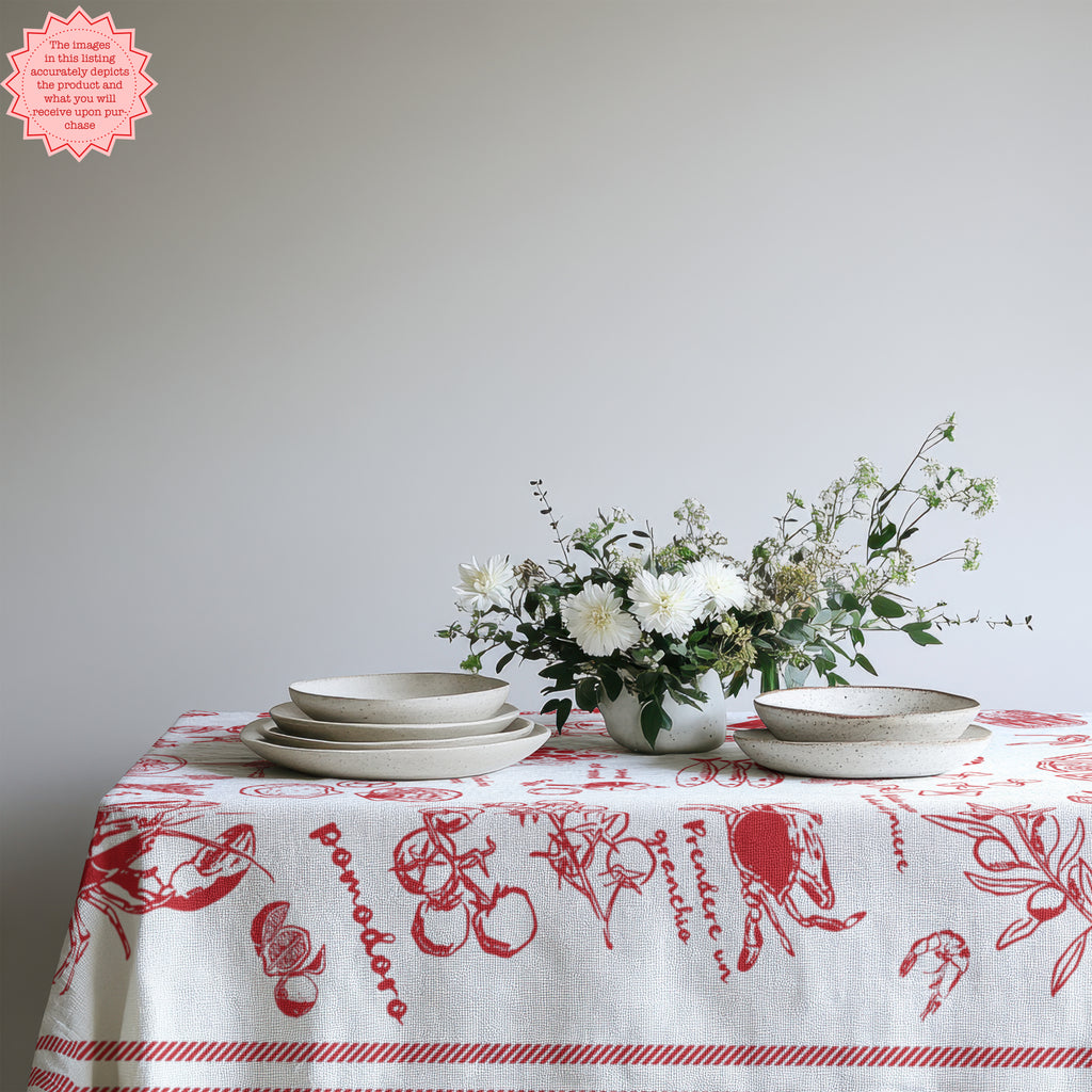Hand-Drawn Red Italian Food Tablecloth, Summer Dining Decor, Italian Cuisine-Inspired Table Linen, Perfect for Summer Meals