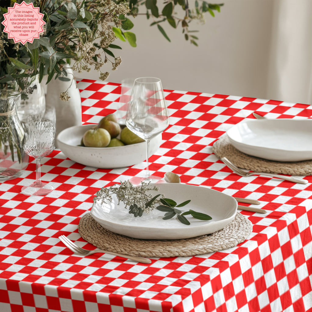 Red & White Checker Cotton Tablecloth – Italian Farmhouse Gingham Table Linen for Dining, Parties & Picnics