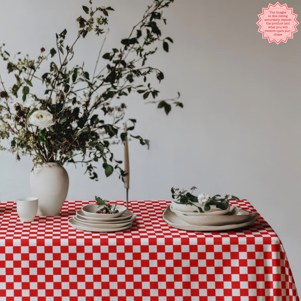 Red & White Checker Cotton Tablecloth – Italian Farmhouse Gingham Table Linen for Dining, Parties & Picnics