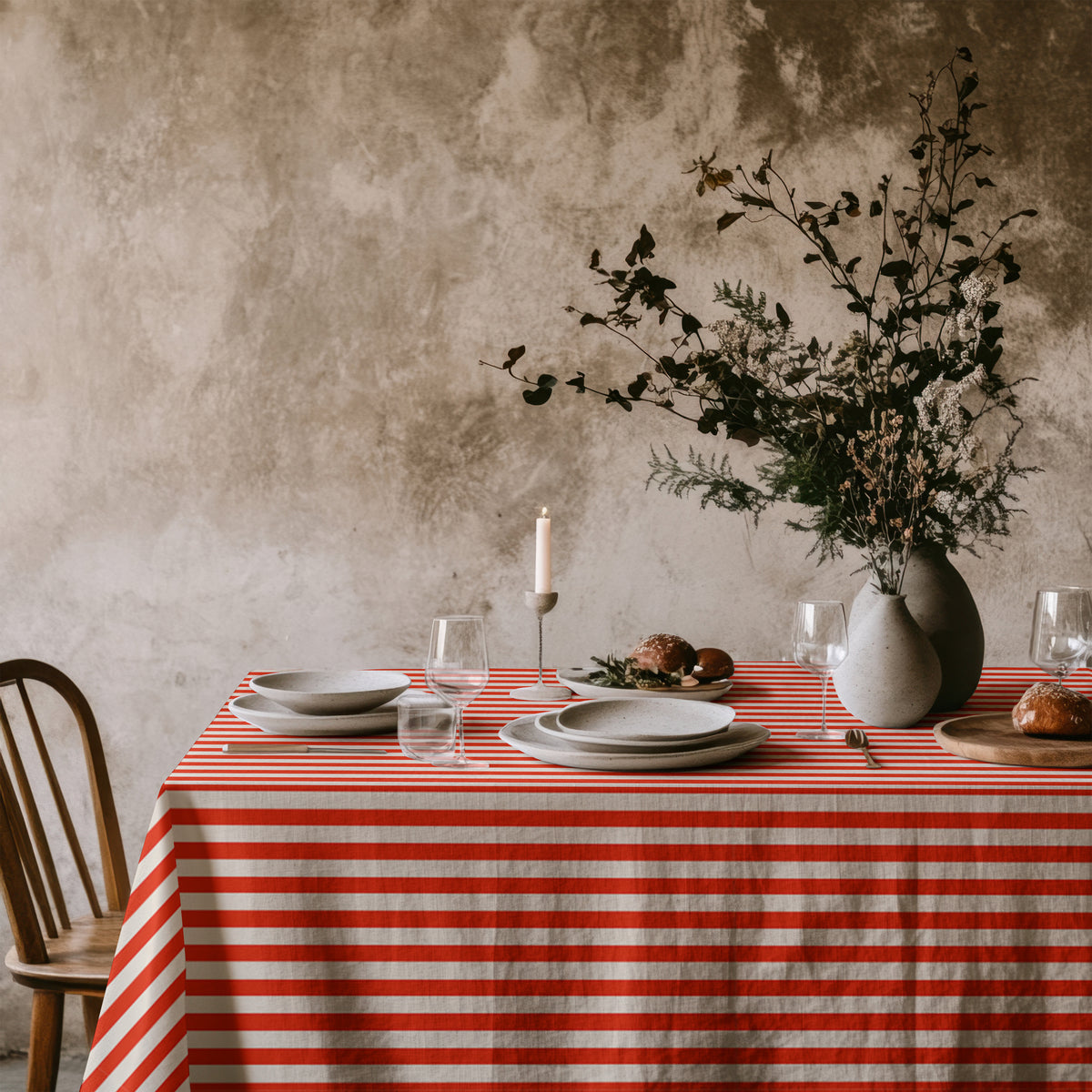 Red and white cotton tablecloth set for a festive family meal