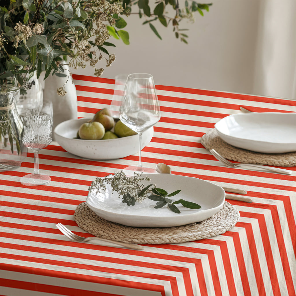 Close-up of the red and white striped cotton twill fabric