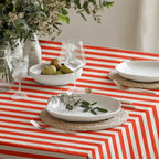 Close-up of the red and white striped cotton twill fabric