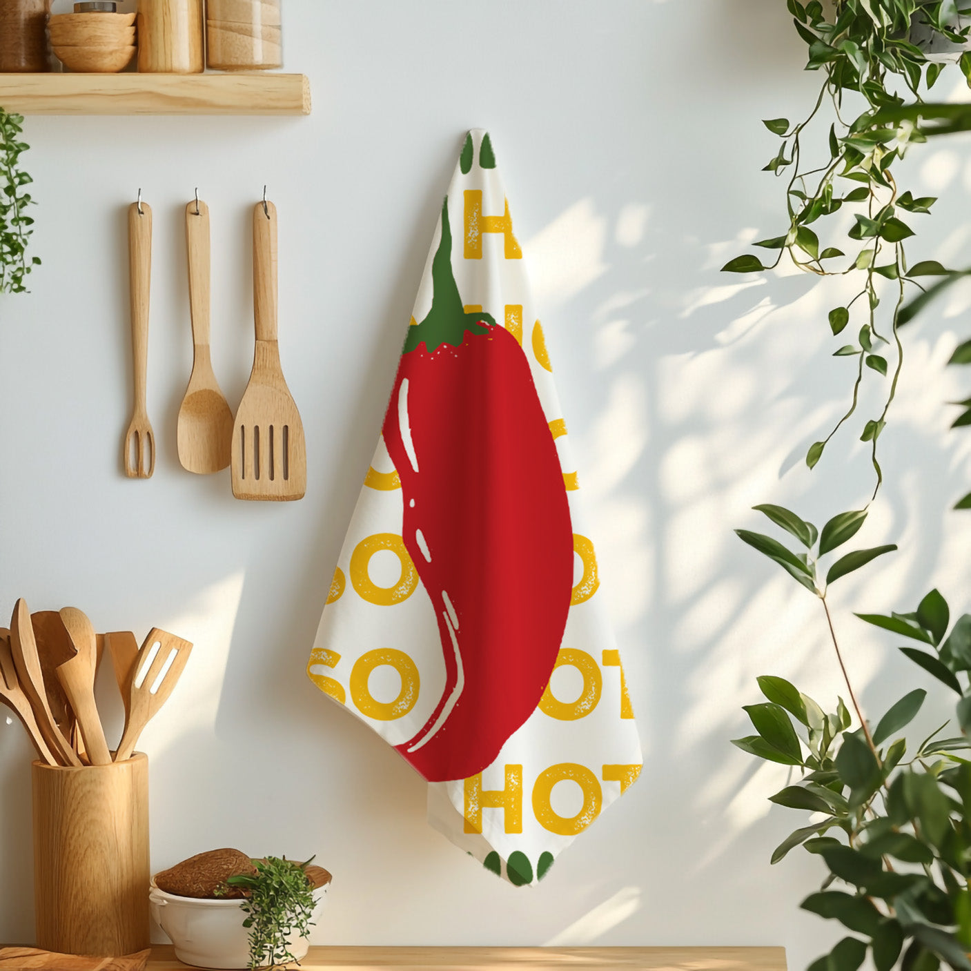 Colourful red chilli kitchen tea towel with modern So Hot design, perfect for Mediterranean and farmhouse kitchen décor.