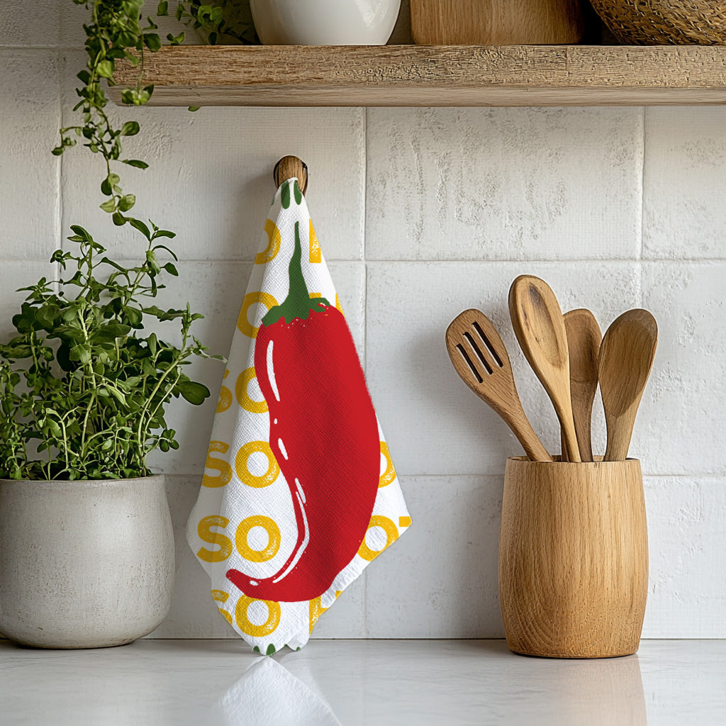 Funny chilli kitchen towel with colourful illustrated red pepper design, ideal as a unique housewarming or foodie gift.