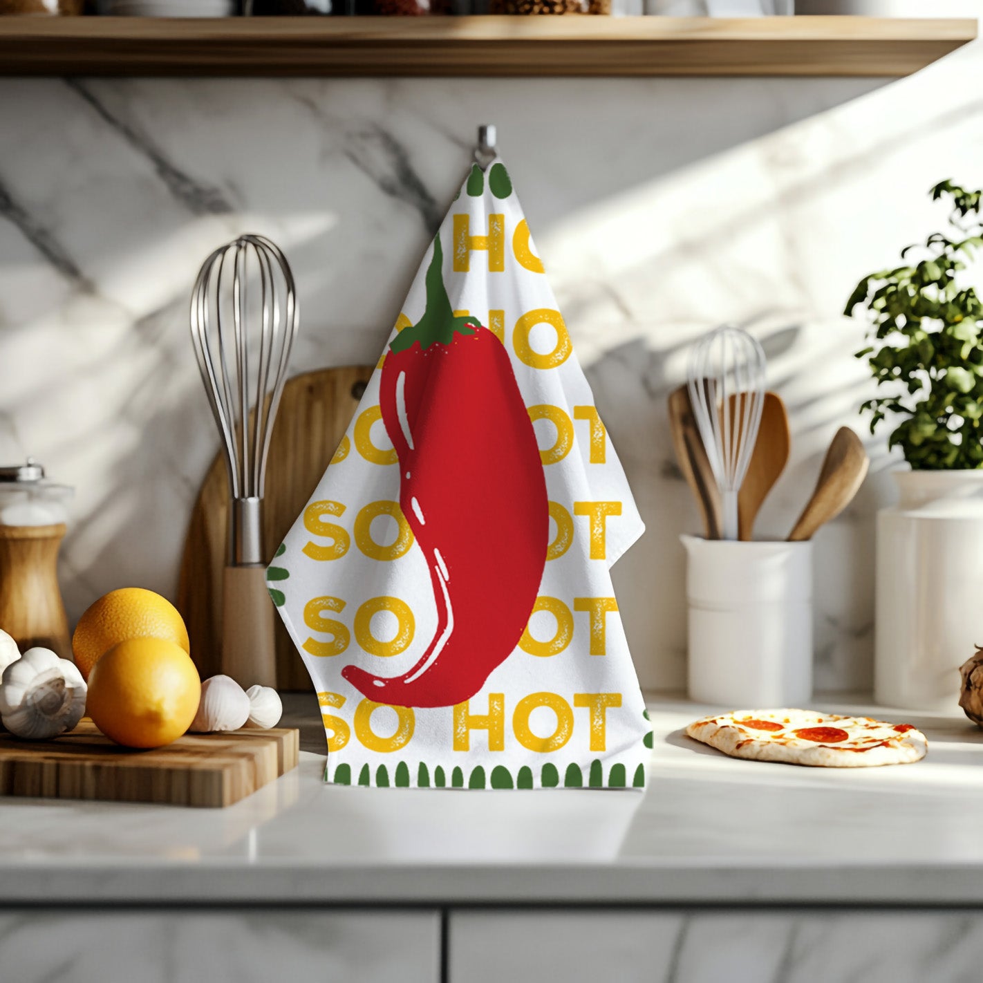 So Hot chilli tea towel displayed in a modern kitchen, featuring a striking red pepper illustration and retro typography.