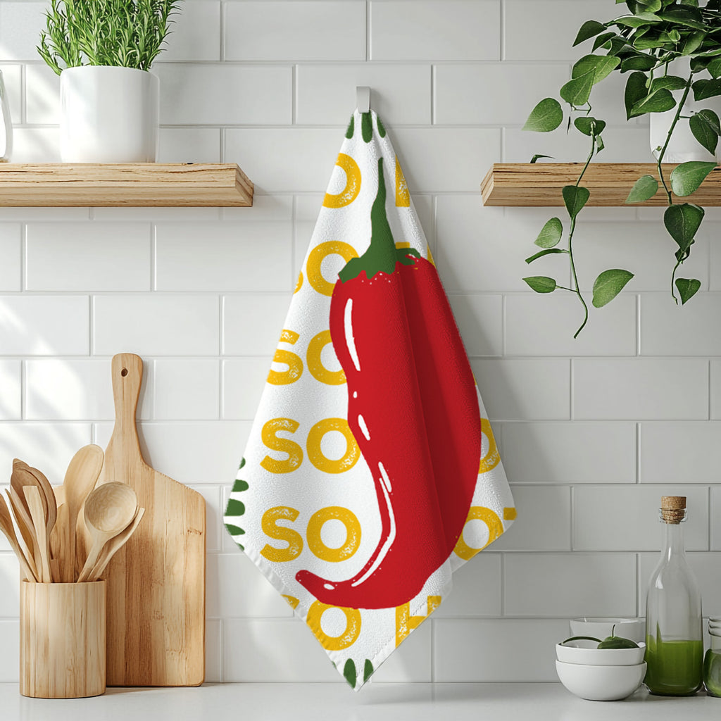 Close-up of the So Hot red chilli microfiber tea towel showing vibrant colours and detailed printed artwork.