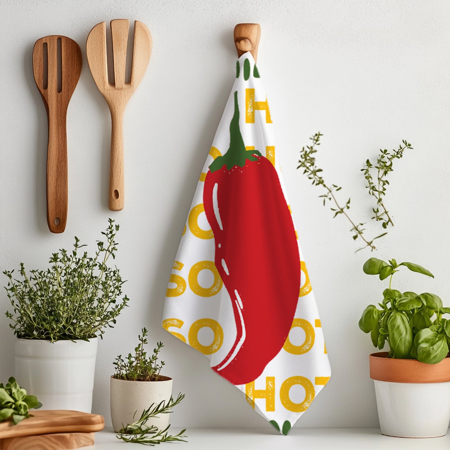 Stylish red chilli tea towel hanging in a kitchen, perfect for lovers of spicy food and colourful home décor.