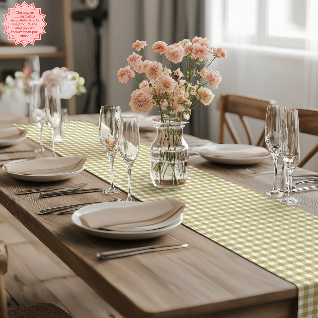 Sage Green Gingham Table Runner – Classic Checkered Farmhouse Table Linen, Cotton Twill or Polyester