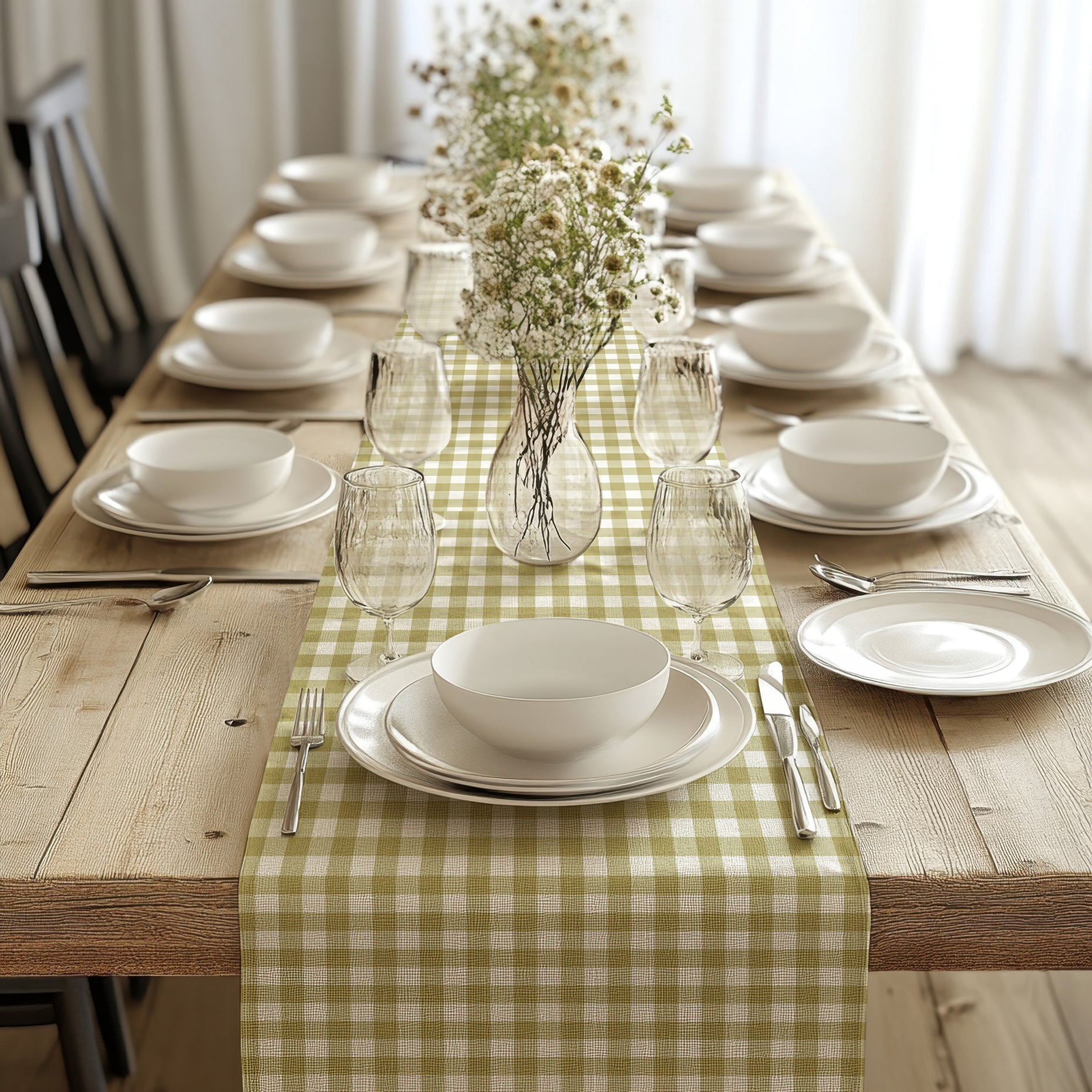 Sage Green Gingham Table Runner – Classic Checkered Farmhouse Table Linen, Cotton Twill or Polyester