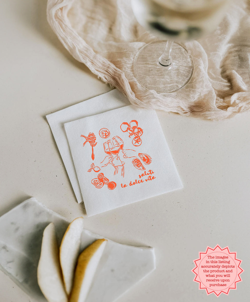 Custom Italian-themed cocktail napkin featuring personalized details for a pizza party, pasta night, or garden celebration.