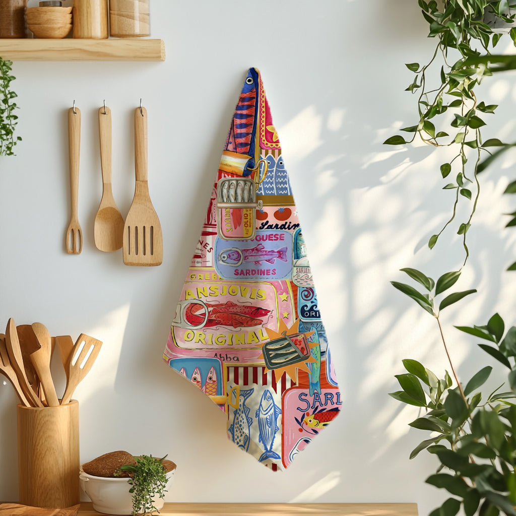 Vibrant Sardine Tea Towel | Mediterranean-Inspired Cotton Linen Kitchen Decor