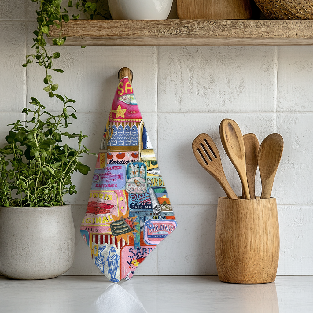 Bold Sardine Can Tea Towel in Mediterranean-Inspired Colors | Coastal Kitchen