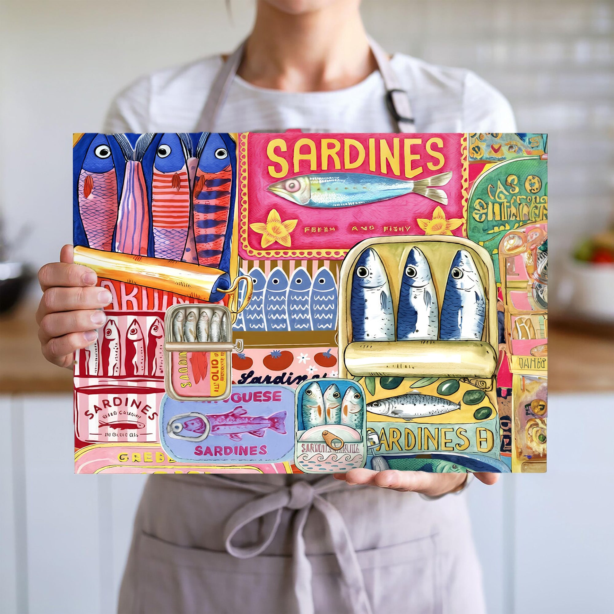 Mediterranean sardines glass cutting board featuring a colourful modern fisherman collage design