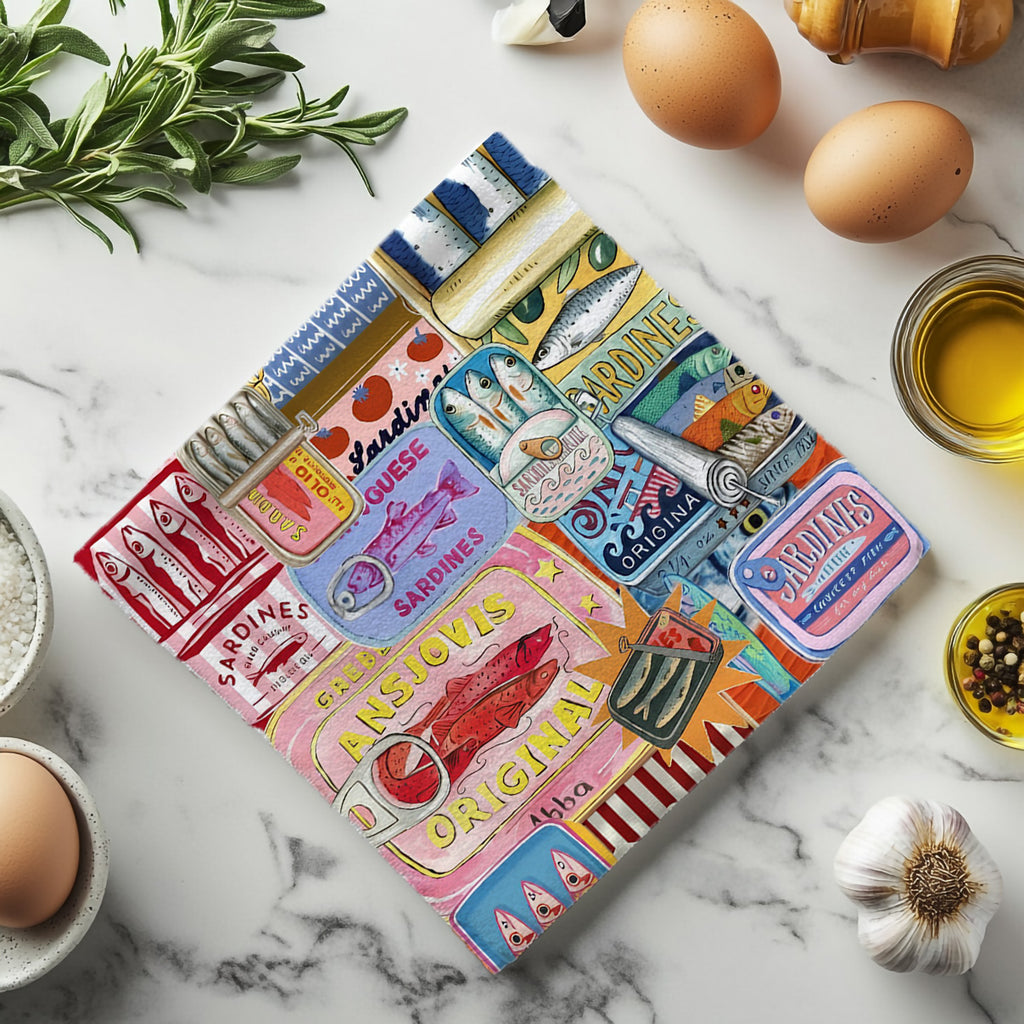Mediterranean Tea Towel with Sardine Can Patterns | Coastal Kitchen Linen