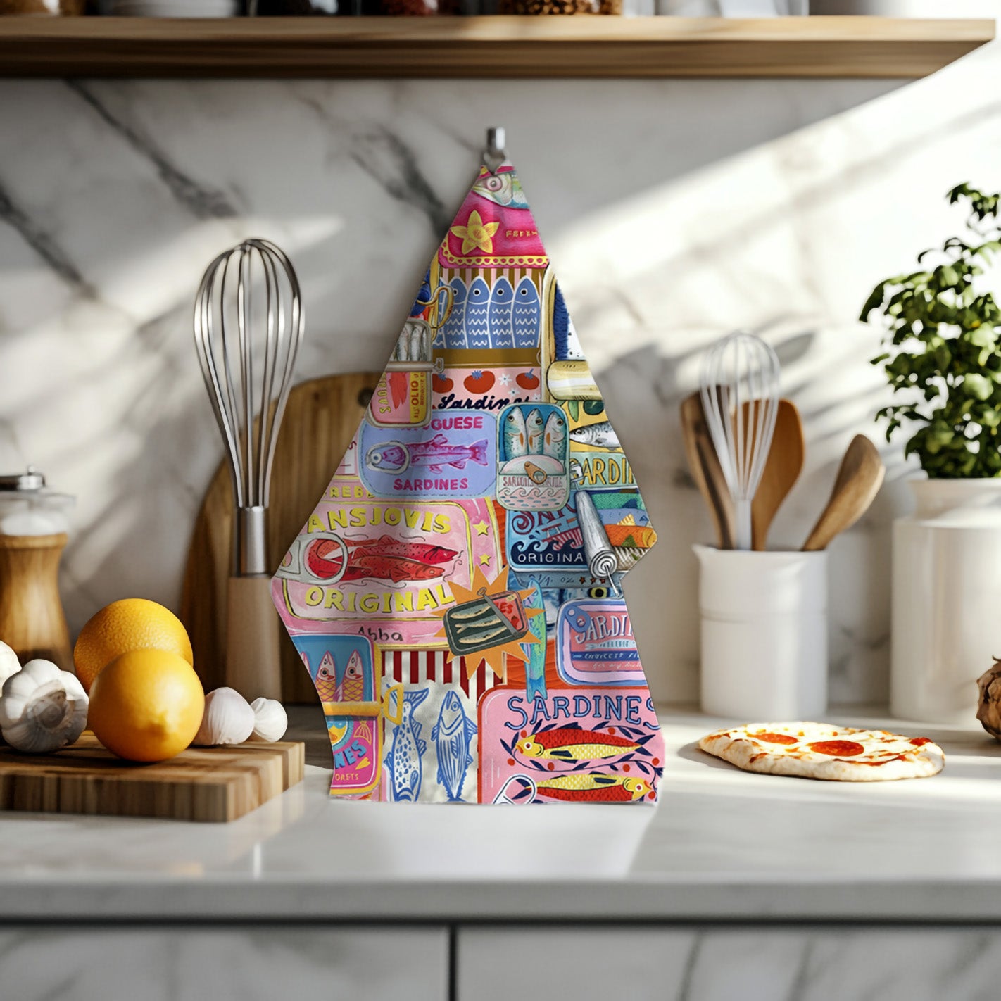 Quirky Sardines Tea Towel | Mediterranean-Inspired Design on Soft Cotton Twill