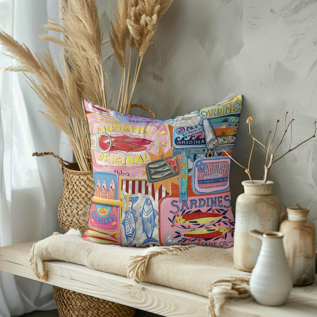 Colorful Sardines cushion placed on a cozy sofa with Mediterranean-inspired decor – Available in Velveteen, Cotton Linen, Cotton, and Polyester fabric finishes.