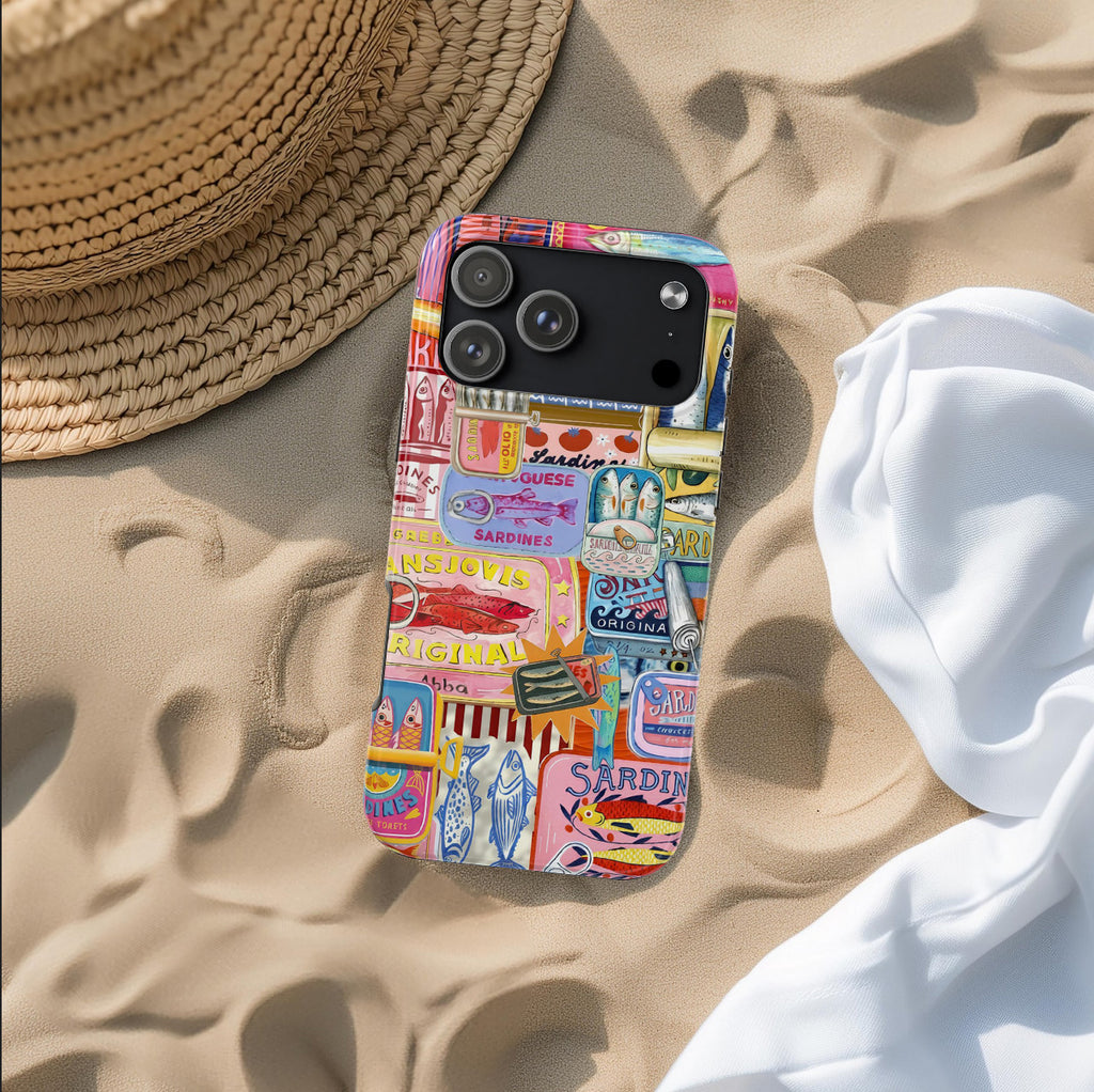 Colorful Mediterranean sardines phone case featuring vintage fish tin illustrations and fisherman aesthetic artwork for iPhone and Samsung devices.