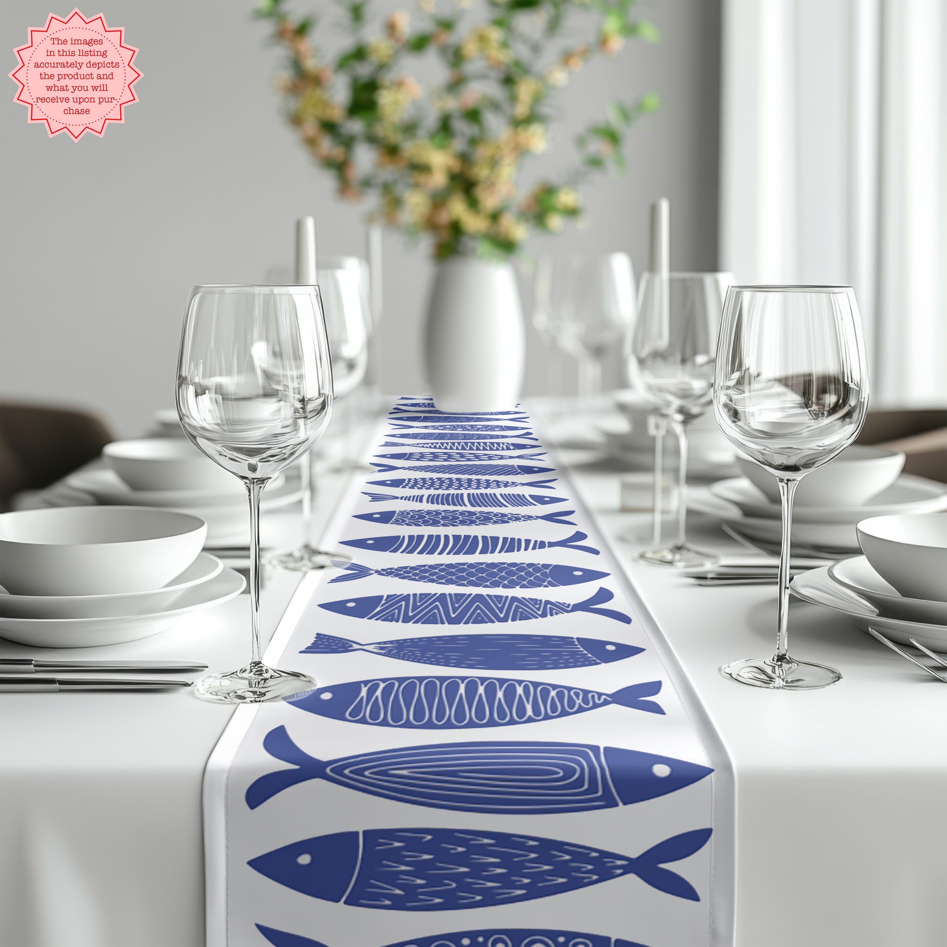 Nautical blue fish table runner made from cotton, ideal for Scandinavian or coastal dining tables.