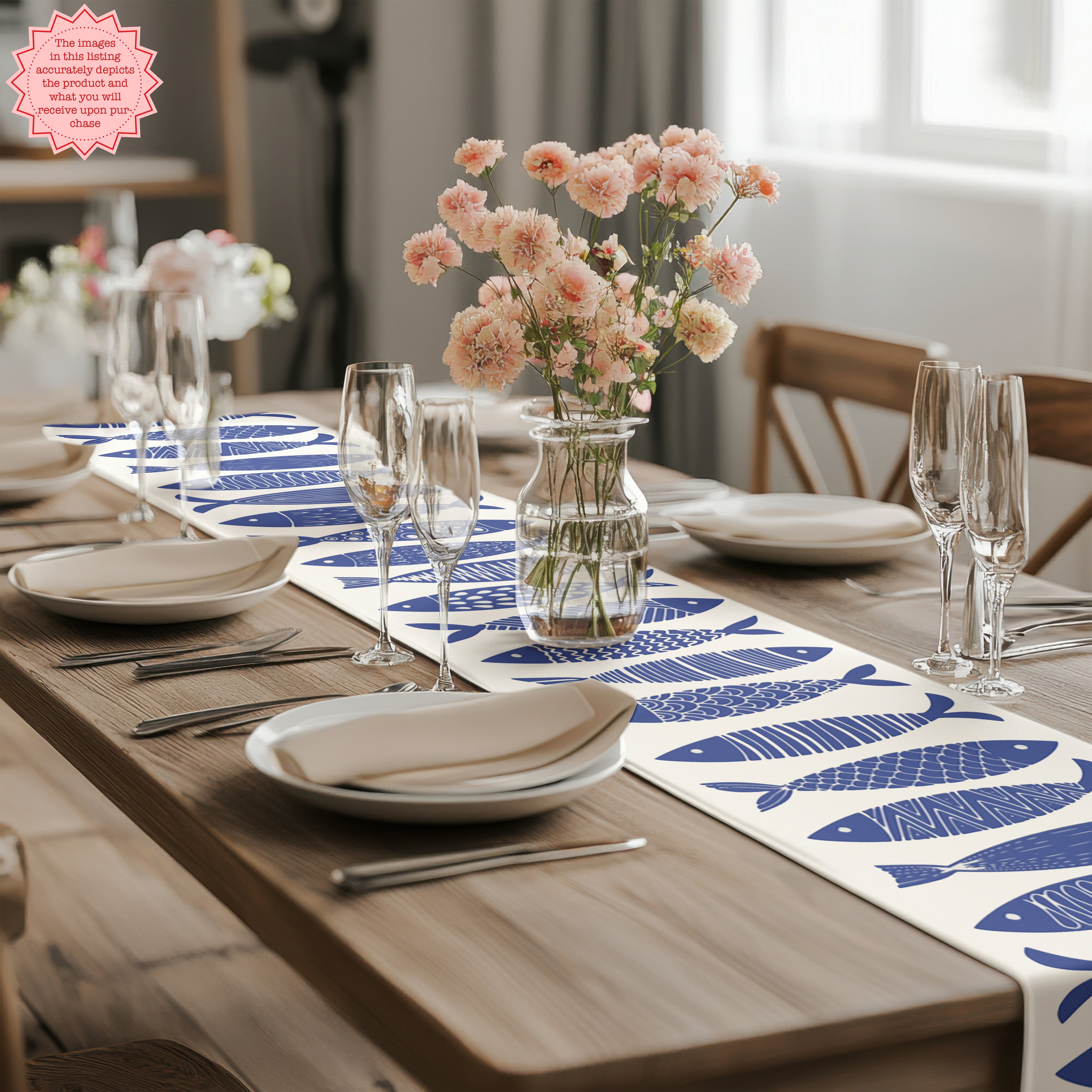 Scandinavian-style blue fish design on cotton table runner, adding coastal charm to your table.