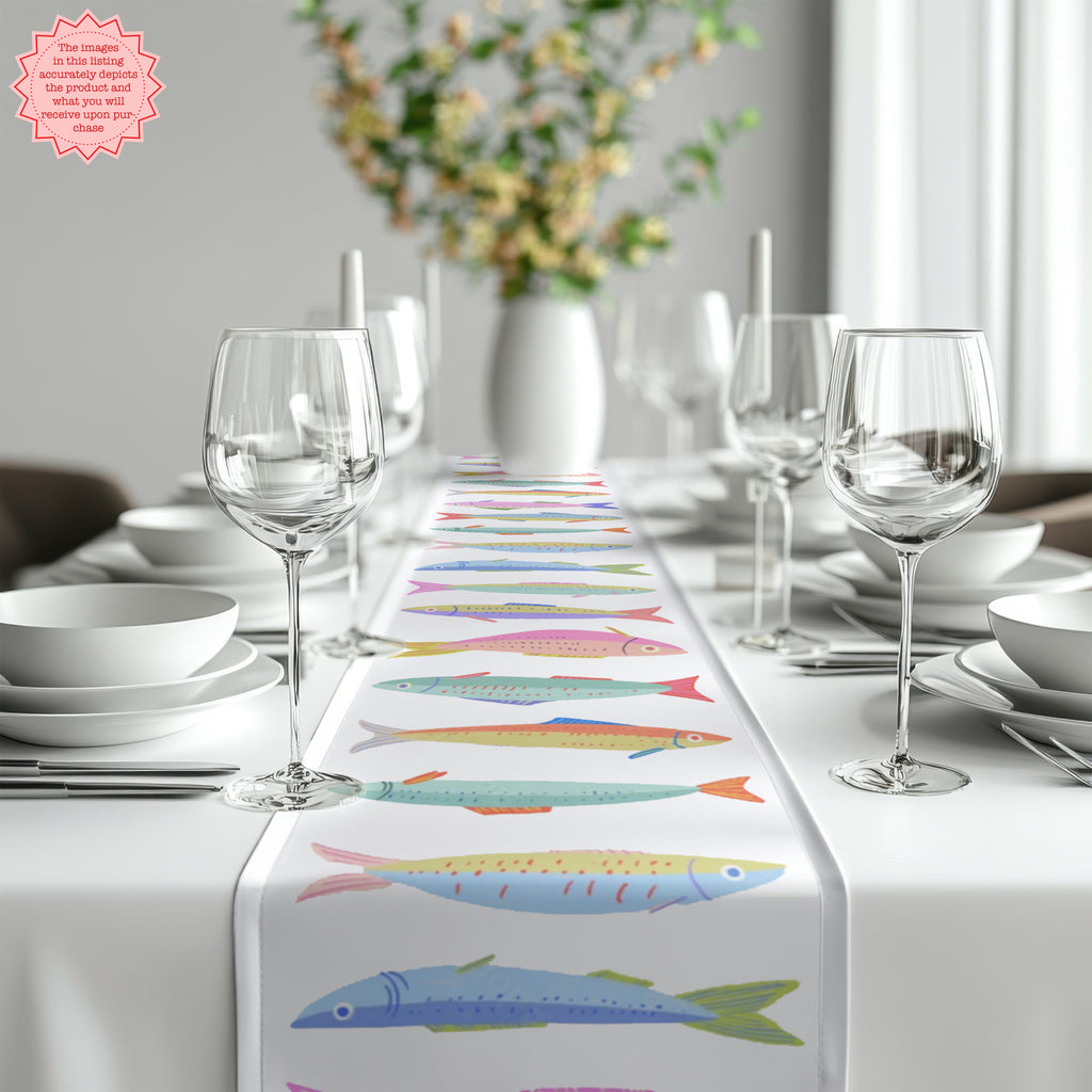 Colorful Sardine Illustration Table Runner – Bold Coastal Statement Table Linen