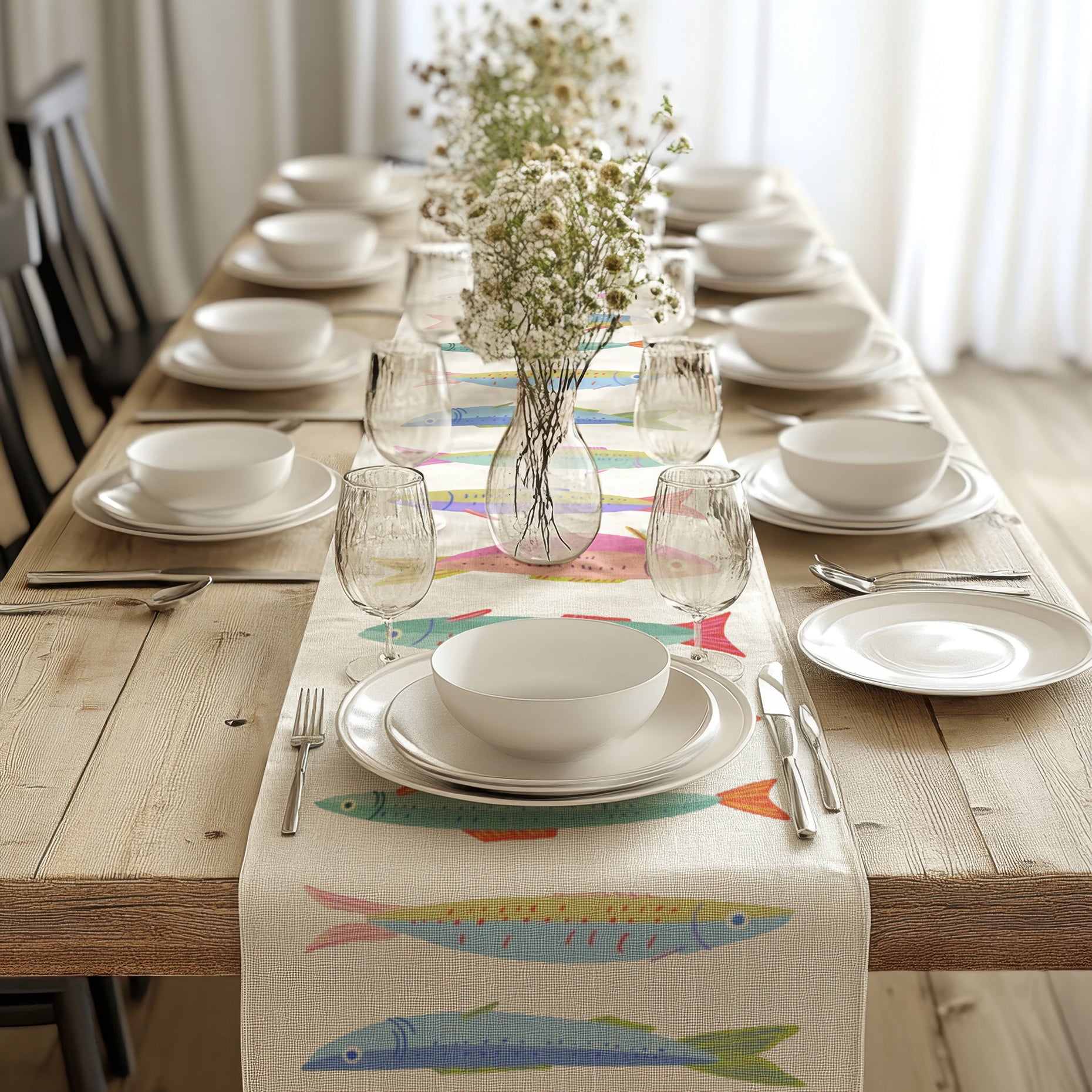 Colorful Sardine Illustration Table Runner – Bold Coastal Statement Table Linen