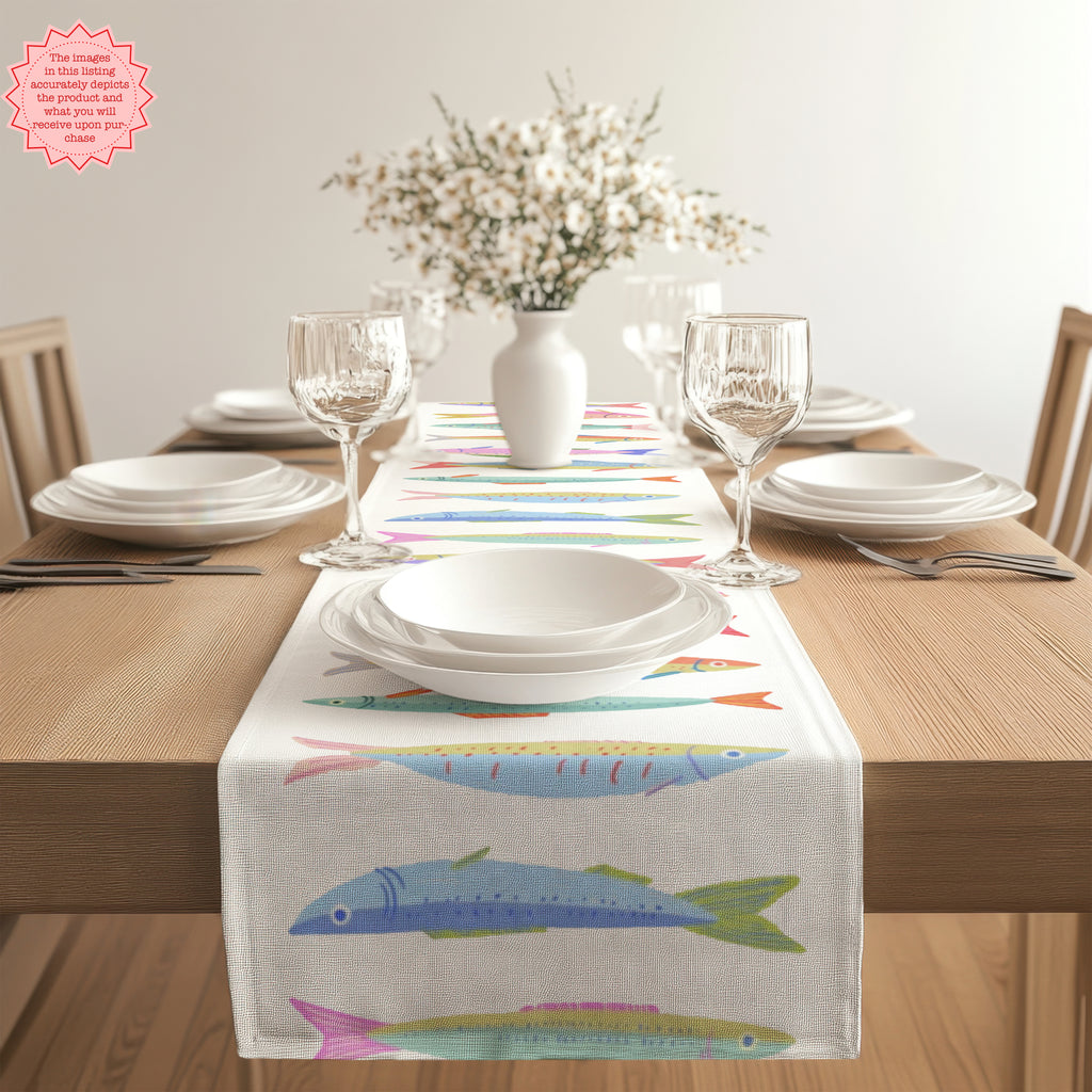 Colorful Sardine Illustration Table Runner – Bold Coastal Statement Table Linen